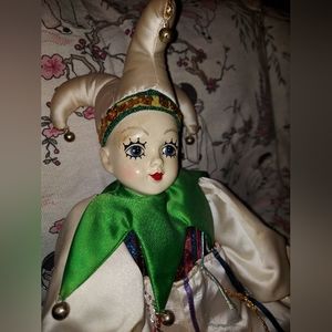 Clown Jester music box bells sitting doll figure